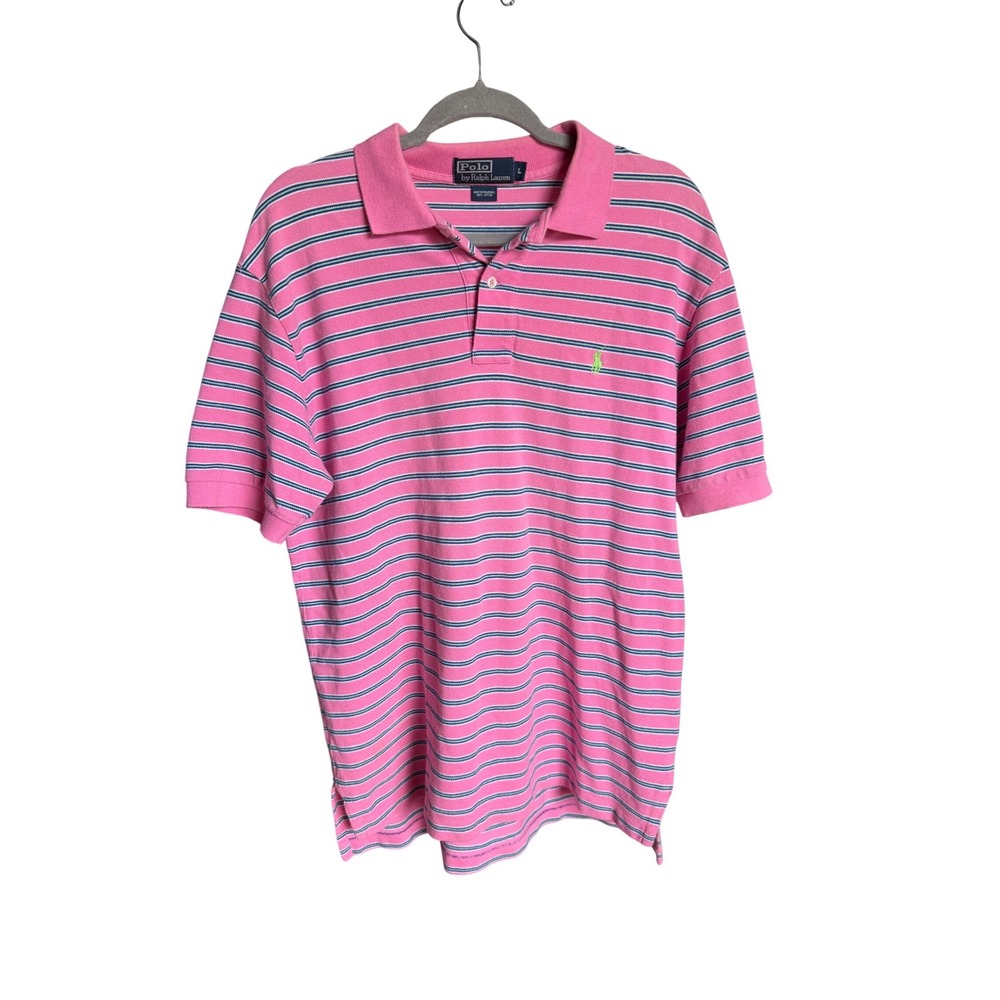 Ralph Lauren Pink Blue Striped Polo Size L Preppy Coastal